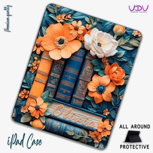 Funda floral personalizada para iPad, funda vintage para iPad Air Pro, funda personalizada para iPad con nombre, funda protectora para tableta para amantes de los libros