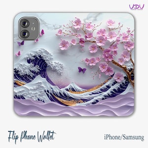 Funda tipo billetera con tapa para teléfono con diseño de flores de cerezo en 3D, diseño ondulado para iPhone 16 y Samsung S22, elegante funda de teléfono de estilo japonés