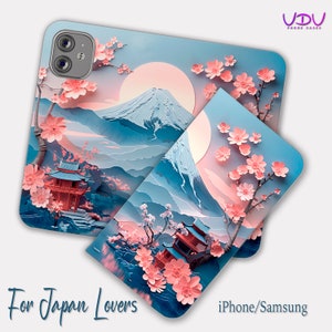 Capa carteira para iPhone Fuji, capa flip de flor de cerejeira japonesa para iPhone 13, 12, 11 Pro Max, capa de couro flip para Samsung Galaxy, Samsung S22
