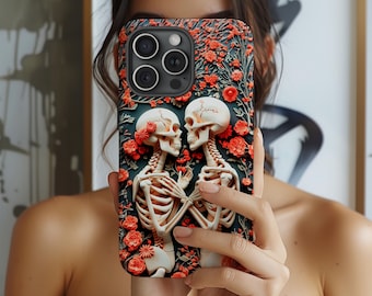 Valentine’s Skeleton Couple Phone Case Samsung S25 S24 S23 S22 S21, Galaxy Z Flip, iPhone 16 15 14 13, Plus Pro, MagSafe Gothic Love Cover