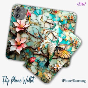 Cartera para teléfono con forma de colibrí, funda con tapa con vitrales de imitación para iPhone 16, Samsung SE, billetera tipo folio con motivos naturales artísticos para amantes de las aves