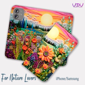 Cartera para teléfono con bordado floral, funda abatible para iPhone 16, 15, 13, 12, 11, Pro Max, funda de cuero con tapa y diseño de flores silvestres para Samsung Galaxy, tarjetero
