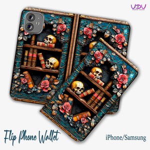 Funda de estantería con esqueleto gótico, billetera para teléfono con calavera, funda para iPhone 16, billetera con estética oscura para Samsung, funda vintage con calavera para amantes de los libros