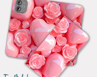 3D Pink Rose Heart Phone Wallet Case Designs iPhone Samsung Galaxy Flip Leather Cover, iPhone 13, 12,11, Pro, Max, Samsung S22, Card Holder