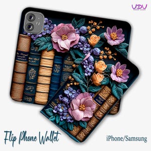 Carteira de telefone roxa para amantes de livros, capa de estante para iPhone 16, 15, SE Samsung, carteira vintage floral para amantes da leitura