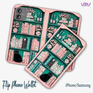 Bücherregal Flip Brieftasche Handyhülle für iPhone und Samsung, Vintage Buch Thema mit schwarzer Katze, Benutzerdefiniertes literarisches künstlerisches Design