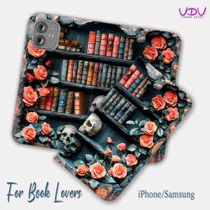 Funda tipo billetera para teléfono con diseño de libros y calaveras, funda de cuero con tapa para iPhone y Samsung Galaxy con diseños 3D, iPhone 13, 12, 11, Pro con tarjetero