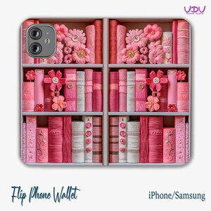 Funda tipo libro con diseño de estantería en color rosa para iPhone y Samsung, billetera con tapa con diseño floral artístico, diseño de estantería personalizado y elegante