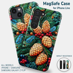Custodia per telefono natalizia con pigne, custodia con alberi di pino invernali per iPhone 16, 15 Pro Max, 14 Pro Max, 11, 13, Samsung S23/S24, Z Flip 4/5, custodia MagSafe