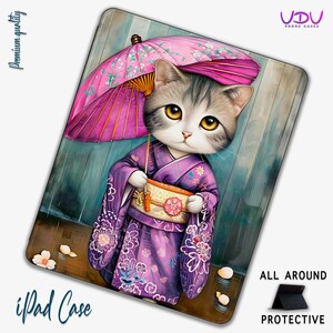 Cute Cat iPad Case, Japanese Cat Folio, Kawaii iPad Pro Cover, Purple Kitty Case, Anime Cat iPad Air, Artistic Cat Umbrella, Aesthetic iPad