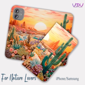 Funda tipo billetera para teléfono con bordado 3D de desierto, funda con tapa para iPhone 13, 12, 11, Pro Max, funda de cuero con tapa y diseño de cactus para Samsung Galaxy, tarjetero