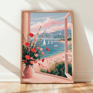 Mittelmeer Fenster Ansicht Poster, Strand Kunstdruck, Küsten Wanddekoration, Ozean Landschaft, Floral Sommer Kunstwerk, Rahmen Nicht Enthalten
