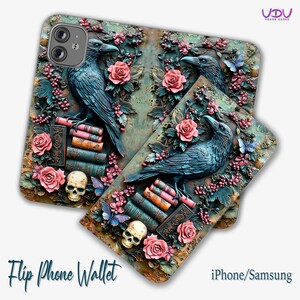 Funda para teléfono con tapa tipo billetera con diseño de cuervo gótico, diseño para amantes de los libros para iPhone y Samsung, funda artística con calavera y rosa, funda estética oscura personalizada