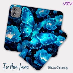 Funda tipo billetera con mariposa de neón brillante para iPhone, funda tipo libro para iPhone 13, 12, 11 Pro Max, funda de cuero tipo libro para Samsung Galaxy, Samsung S22