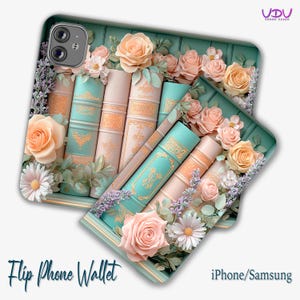 Bookish Floral Flip Case, Book Lover Phone Wallet for iPhone 16, 15 Pro, SE  Samsung, Elegant Vintage Book Theme Wallet Case