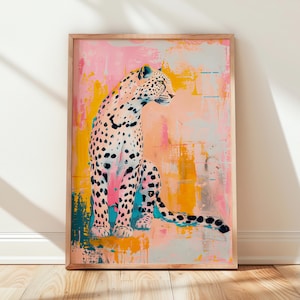 Poster astratto leopardo, arte moderna da parete con animali, stampa di gatti da safari, vivace decorazione della giungla, arte colorata della fauna selvatica, cornice non inclusa