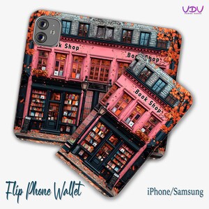 Funda tipo billetera para teléfono con diseño de librería para iPhone y Samsung, elegante diseño vintage de librería, billetera literaria personalizada, funda protectora con tapa