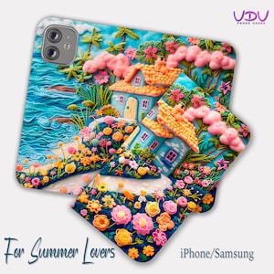 Cartera para teléfono con diseño de cabaña de playa bordada, funda de cuero con tapa para iPhone, Samsung Galaxy, iPhone 13, 12, 11, tarjetero Pro