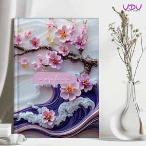 3D Purple Cherry Blossom Name Journal, Personalized Hardcover Diary, Custom Engraved Notebook, Floral Monogrammed Sketchbook