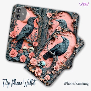 Funda para teléfono tipo billetera con tapa de cuervo y calavera, diseño de rosa gótica para iPhone y Samsung Galaxy, funda personalizada con estética oscura y artística