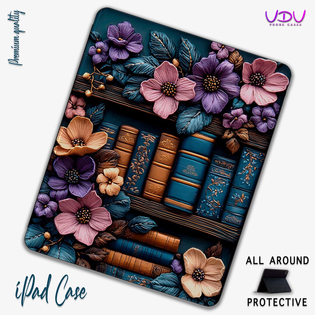 Embroidered Purple Floral Bookshelf iPad Case, Vintage Cover for iPad ...