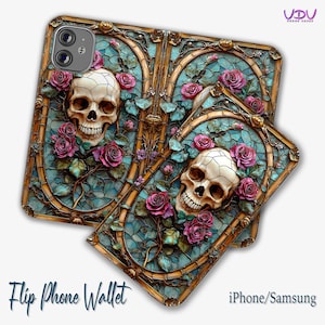 Funda tipo billetera con tapa de calavera gótica, funda para iPhone Samsung con vitrales, funda para teléfono con diseño floral vintage, estética Dark Academia
