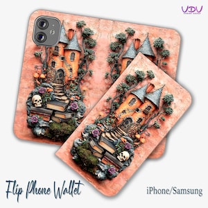 Funda para teléfono tipo billetera con tapa gótica de fantasía, diseño de castillo exclusivo para iPhone y Samsung, funda artística de libro de cuentos, funda para teléfono mística personalizada
