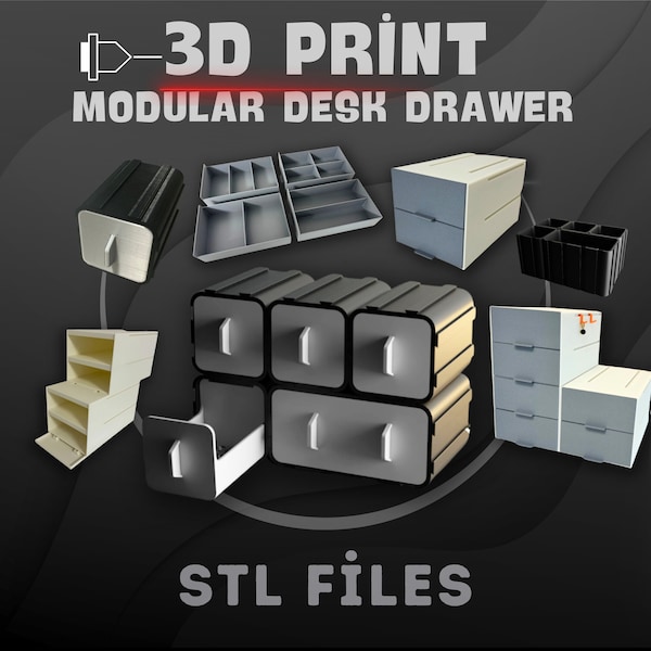 Tiroir de bureau modulaire, fichiers d'impression 3D, tiroir à faire soi-même, fichiers STL à téléchargement numérique
