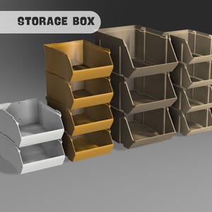 Peut inclure: Trois ensembles de bo&icirc;tes de rangement de diff&eacute;rentes couleurs. Le premier ensemble est blanc, le deuxi&egrave;me est jaune et le troisi&egrave;me est brun. Chaque ensemble est empil&eacute; l'un sur l'autre.