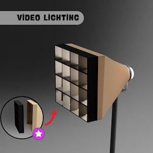 Könnte beinhalten: Eine Videoleuchte mit einem Raster aus quadratischen Fächern. Die Leuchte ist auf einem schwarzen Ständer montiert. Der Text "VIDEO LIGHTING" wird oben angezeigt. Eine kleinere Version der Leuchte ist in einem Kreis dargestellt.