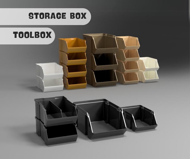 Peut inclure: Un ensemble de bo&icirc;tes de rangement de diff&eacute;rentes couleurs, dont le noir, le brun et le blanc. Les bo&icirc;tes sont empil&eacute;es les unes sur les autres et portent les mentions "STORAGE BOX" et "TOOLBOX".