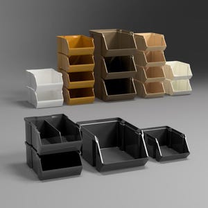 Peut inclure: Un ensemble de bacs de rangement empilables de diff&eacute;rentes couleurs, notamment noir, marron, beige et blanc. Les bacs sont en plastique et ont une forme rectangulaire. Ils sont parfaits pour organiser et ranger des articles dans un garage, un atelier ou d'autres zones.