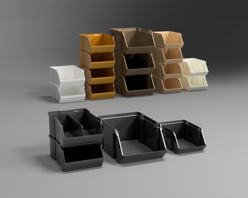 Peut inclure: Un ensemble de bacs de rangement empilables de diff&eacute;rentes couleurs, notamment noir, marron, beige et blanc. Les bacs sont en plastique et ont une forme rectangulaire. Ils sont parfaits pour organiser et ranger des articles dans un garage, un atelier ou d'autres zones.