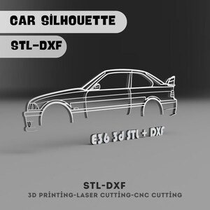 May include: A white line drawing of a car silhouette, labeled "E36 3D STL + DXF". The text "CAR SILHOUETTE" and "STL-DXF" are at the top of the image. The text "STL-DXF 3D PRINTING-LASER CUTTING-CNC CUTTING" is at the bottom of the image.