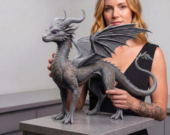 Modello 3D di un drago gotico intricato, scultura di una creatura mitologica (file digitale 3MF)