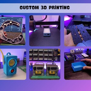 May include: A close-up of a 3D printed object, a blue box with a button, and a 3D printer in the background. The image also shows a 3D printed object that looks like a small box with a screen and buttons. The text "CUSTOM 3D PRINTING" is visible at the top of the image.