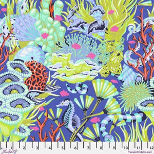 May include: A colourful fabric design depicting an underwater scene with coral, seahorses, and various sea plants. The design incorporates shades of blue, green, orange, and pink. The image includes a ruler with inch measurements.