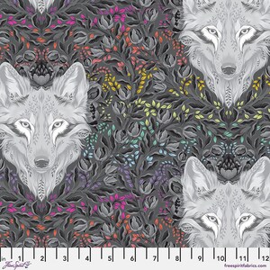 May include: A fabric pattern featuring a repeating design of gray wolves and floral elements. The background is a dark gray, with colorful accents of pink, orange, yellow, and blue. The fabric is measured in inches.