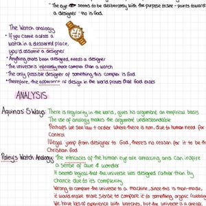May include: A handwritten page with notes on philosophical arguments. The text includes the phrases "Paley's teleological argument" and "The Watch analogy." A gold wristwatch illustration is also present.