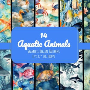 May include: A set of 14 digital seamless patterns featuring watercolour illustrations of aquatic animals. The patterns include a variety of animals, such as dolphins, sea turtles, jellyfish, and manatees. The patterns are 12 inches by 12 inches and 300 DPI.