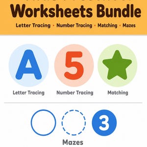 Peut inclure: Un ensemble de feuilles de travail pour enfants d'âge préscolaire comprenant le traçage de lettres, le traçage de chiffres, des exercices d'association et des labyrinthes. Le graphique montre une lettre A bleue, un chiffre 5 orange et une étoile verte.