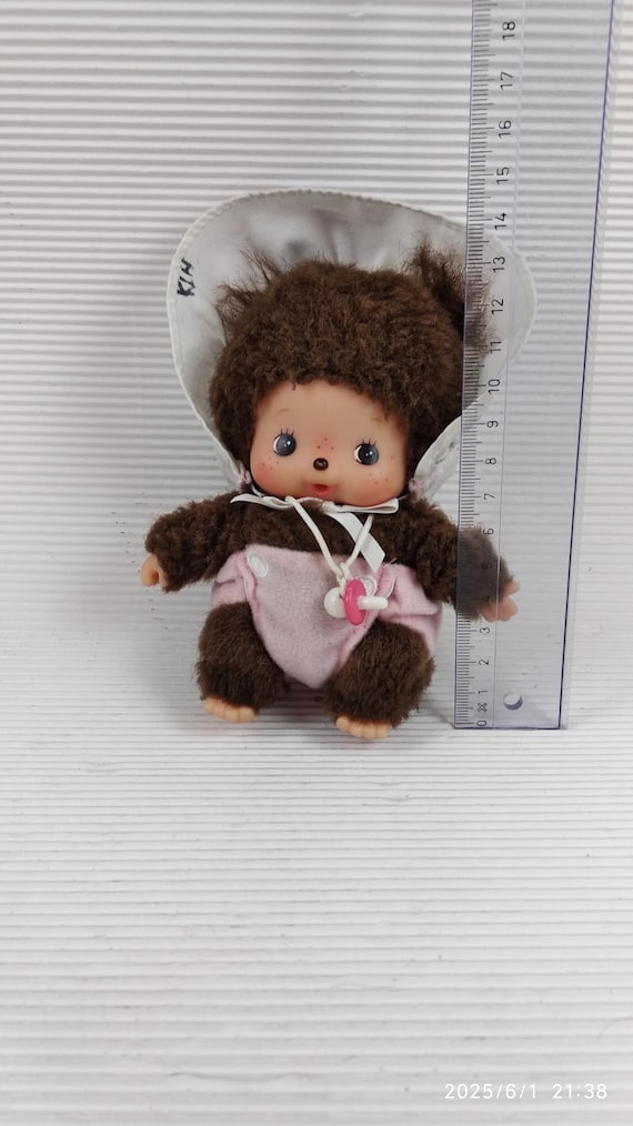 Vintage Sekiguchi Monchhichi Doll: Little Monkey Girl With Bonnet