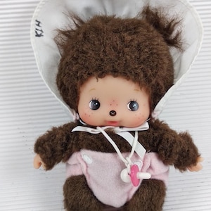 Vintage Sekiguchi Bebichhichi Monchhichi with bonet, Monchichi Doll, Little monkey girl, Gift idea