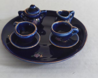 vintage mini dollhouse coffee tea service miniature  blue