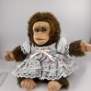 Può includere: Una bambola di scimmia di peluche con pelliccia marrone e un viso dettagliato. Indossa un vestito con stampa floreale con bordi in pizzo bianco e un fiocco rosa. Le braccia della scimmia sono tese e ha un aspetto coccoloso.