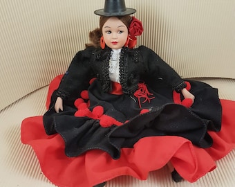 Vintage doll collectible folklore doll from Spain red black dress porcelain