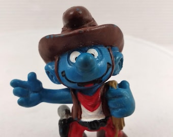Smurfs Cowboy Smurf Vintage Toy Figure PVC Schleich Figurine 1981