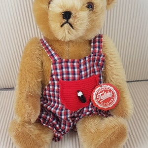 Vintage Hermann Original Mohair Teddy Bär trägt karierte Overalls