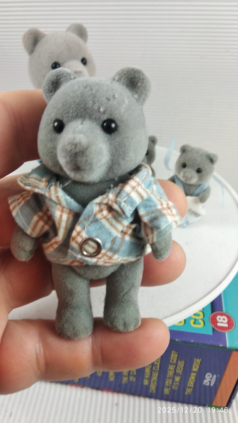 May include: A grey teddy bear figurine wearing a blue and brown plaid shirt. Other bear figurines are in the background. The bear is a toy or collectible item. The image also shows a DVD case with the number 18.