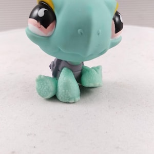 May include: A teal turtle figurine with large black and pink eyes, a yellow head accent, and a gray and purple shell. The toy turtle has textured feet and is set against a white background.